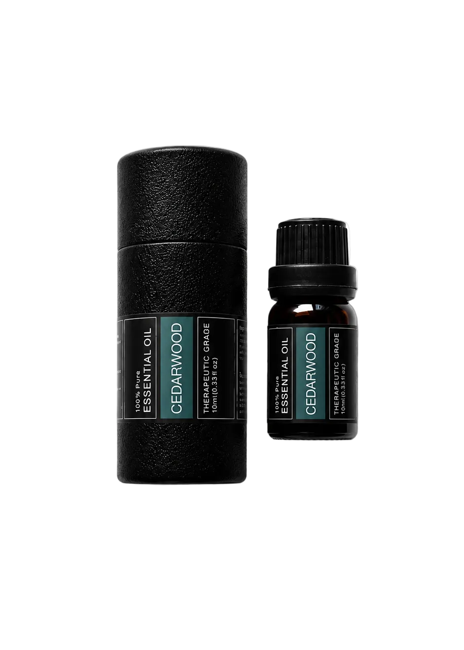 'Cedarwood' essential oil bottle and packaging on a transparent background