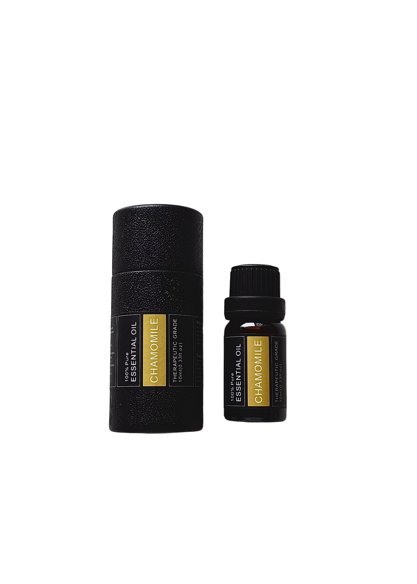 'Chamomile' essential oil bottle and packaging on a transparent background
