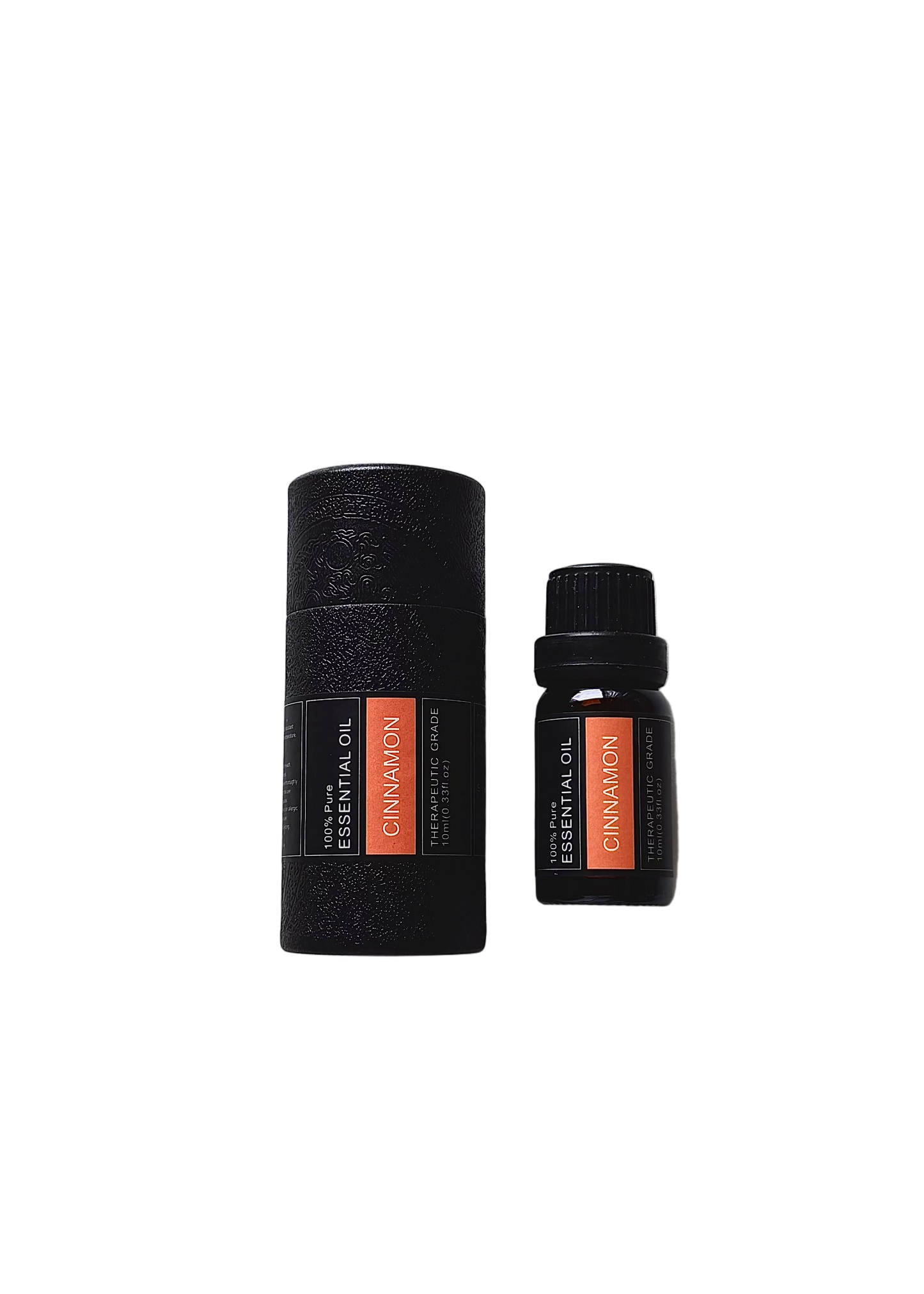 'Cinnamon' essential oil bottle and packaging on a transparent background