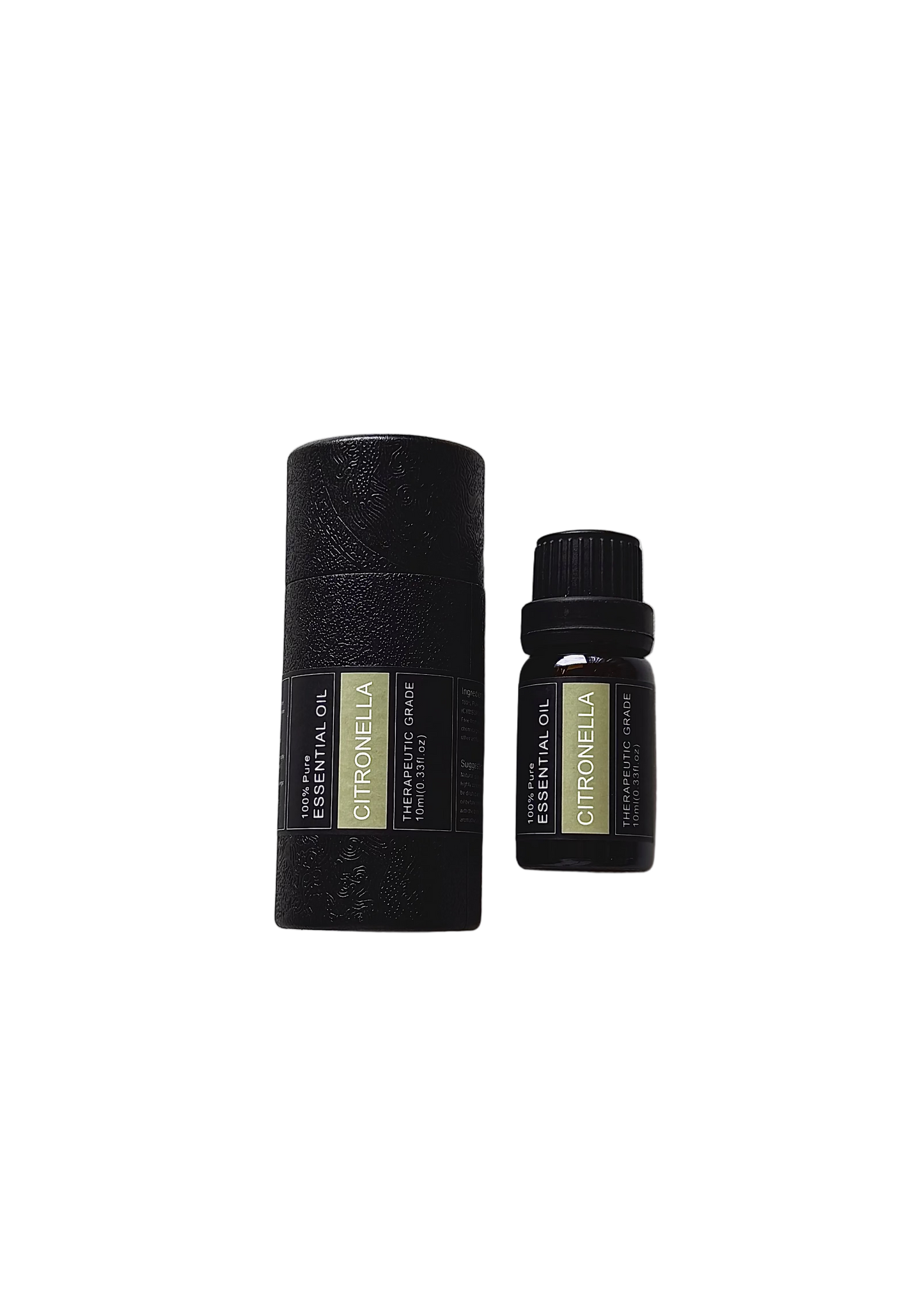 'Citronella' essential oil bottle and packaging on a transparent background