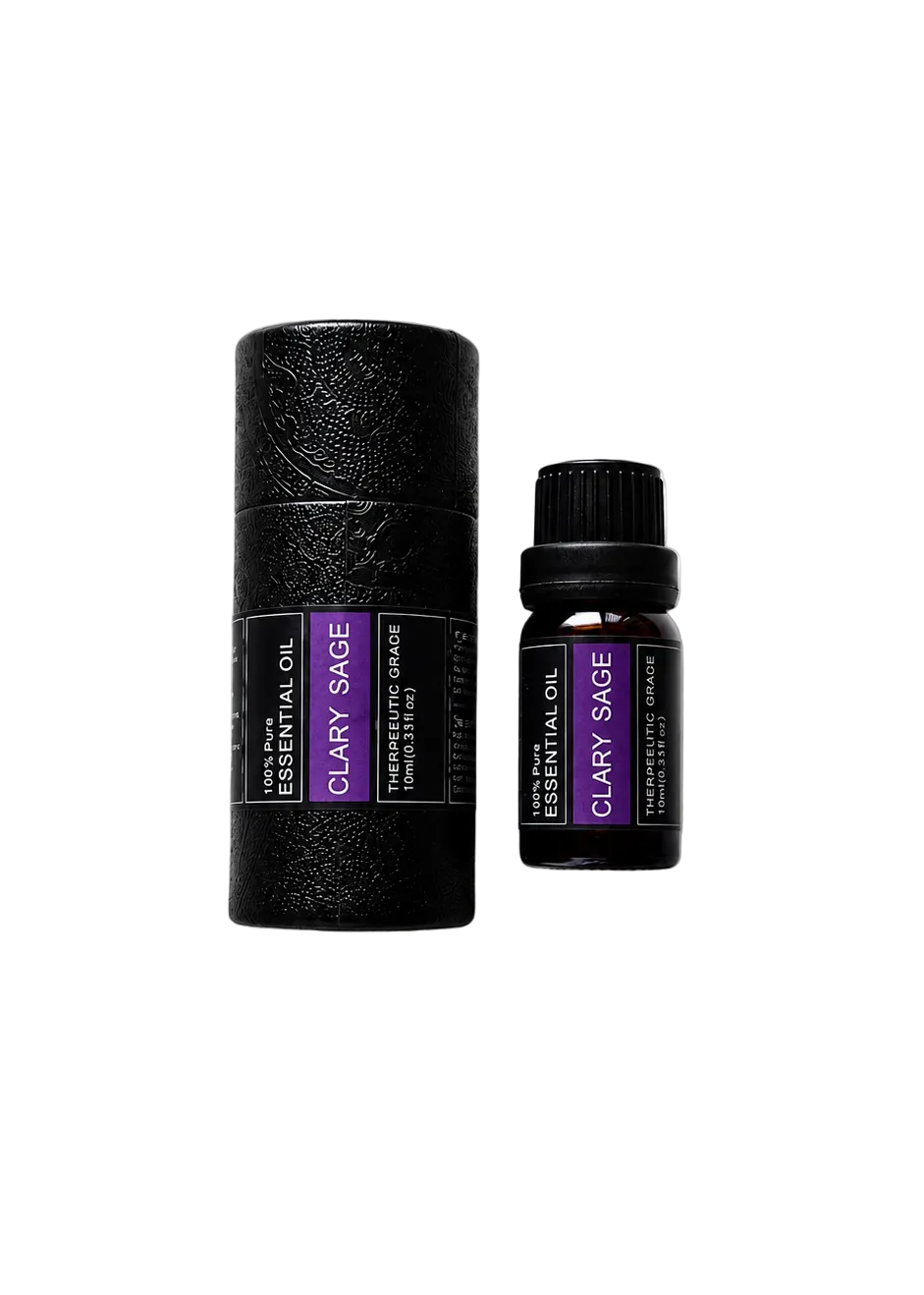 'Clary Sage' essential oil bottle and packaging on a transparent background