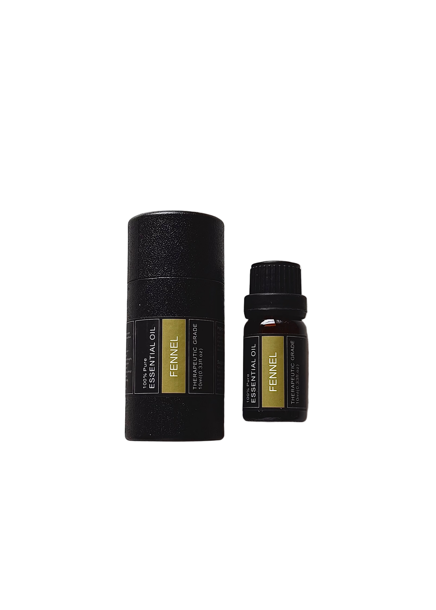 'Fennel' essential oil bottle and packaging on a transparent background