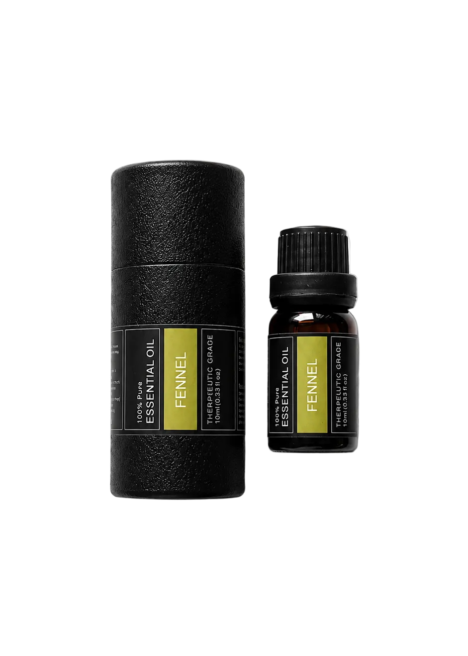 'Fennel' essential oil bottle and packaging on a transparent background