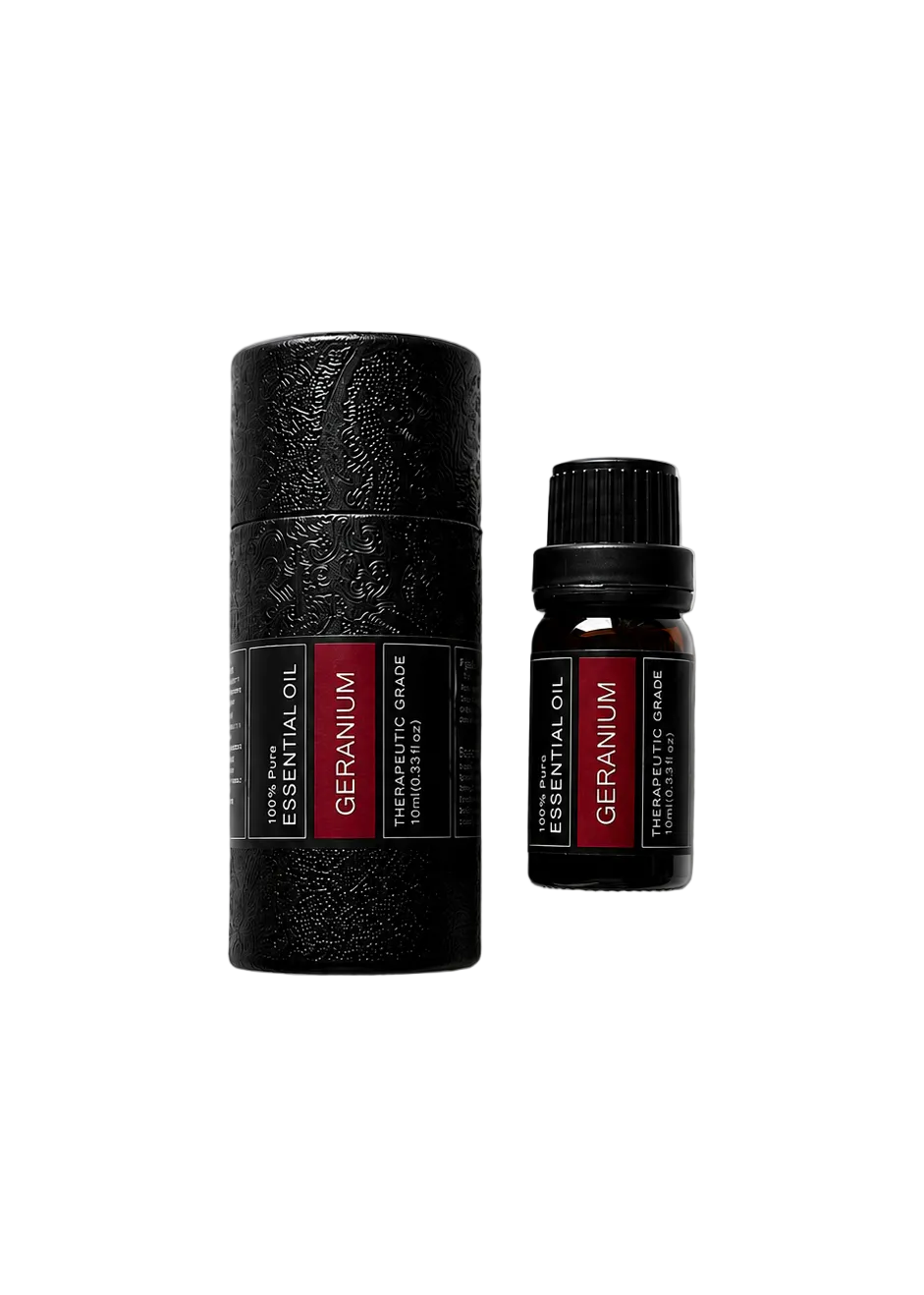 'Geranium' essential oil bottle and packaging on a transparent background