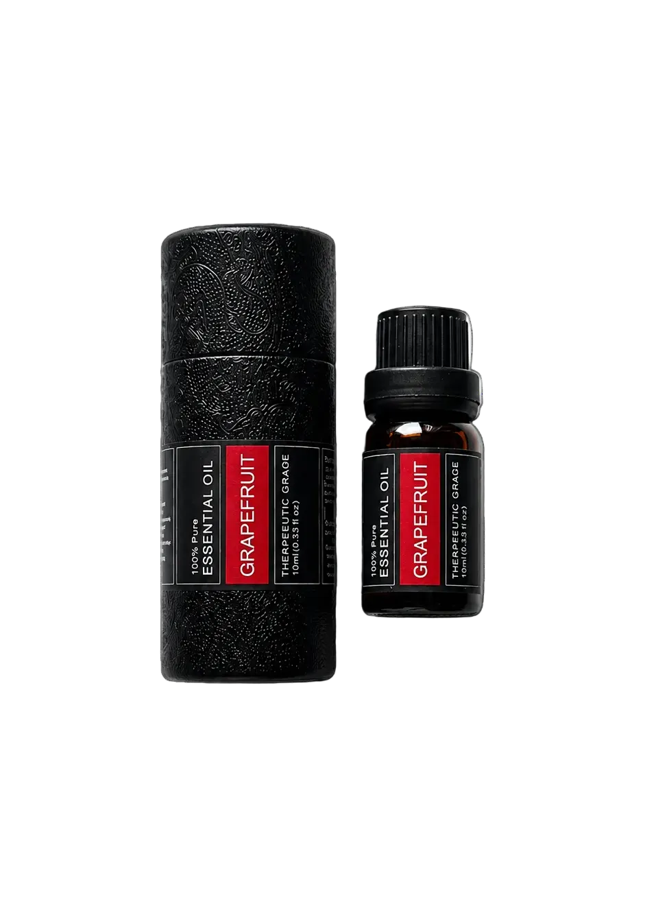 'Grapefruit' essential oil bottle and packaging on a transparent background