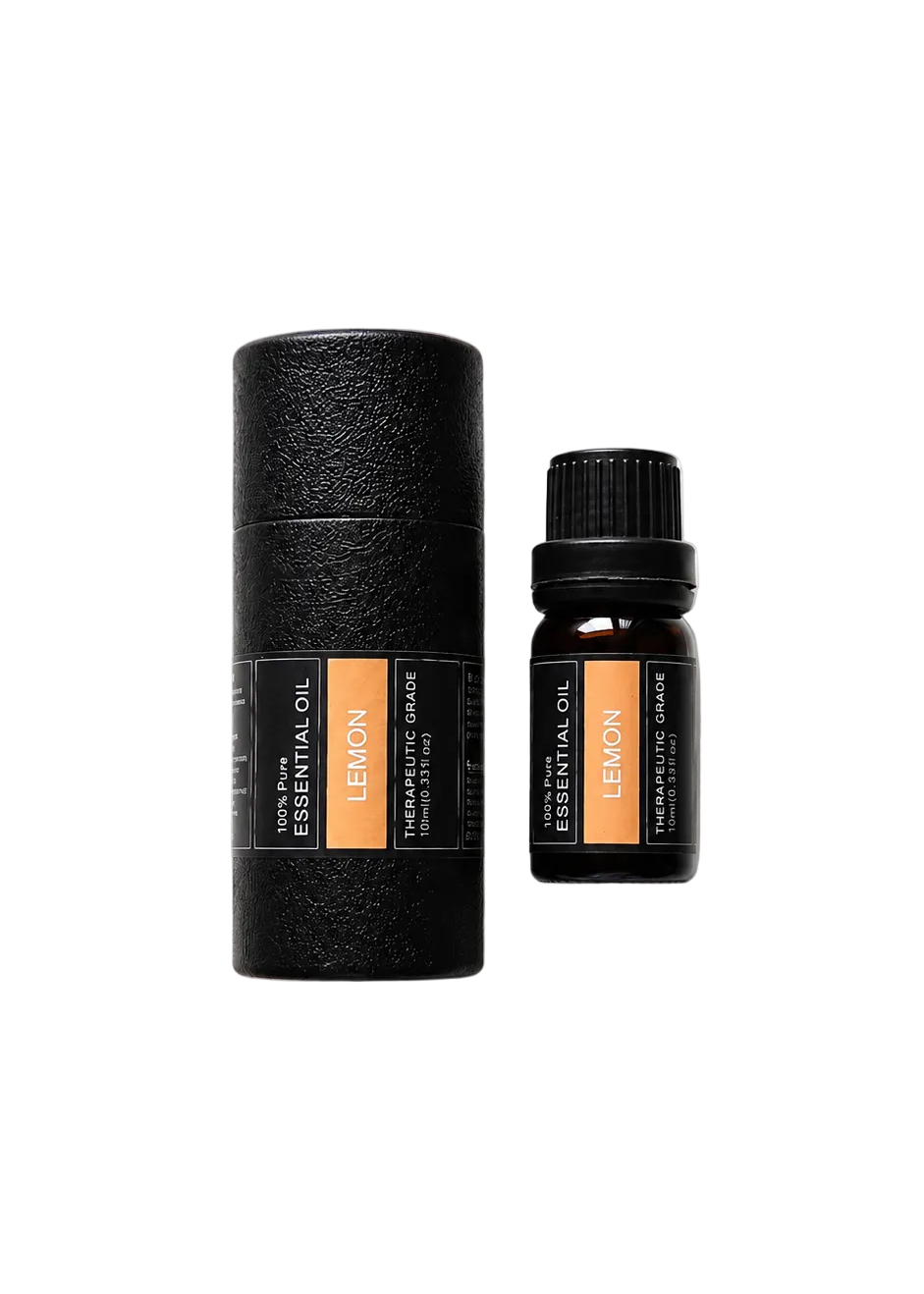 'Lemon' essential oil bottle and packaging on a transparent background
