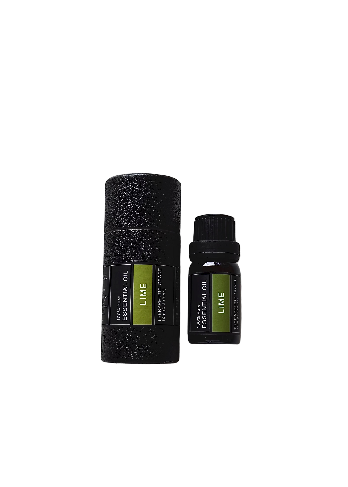'Lime' essential oil bottle and packaging on a transparent background