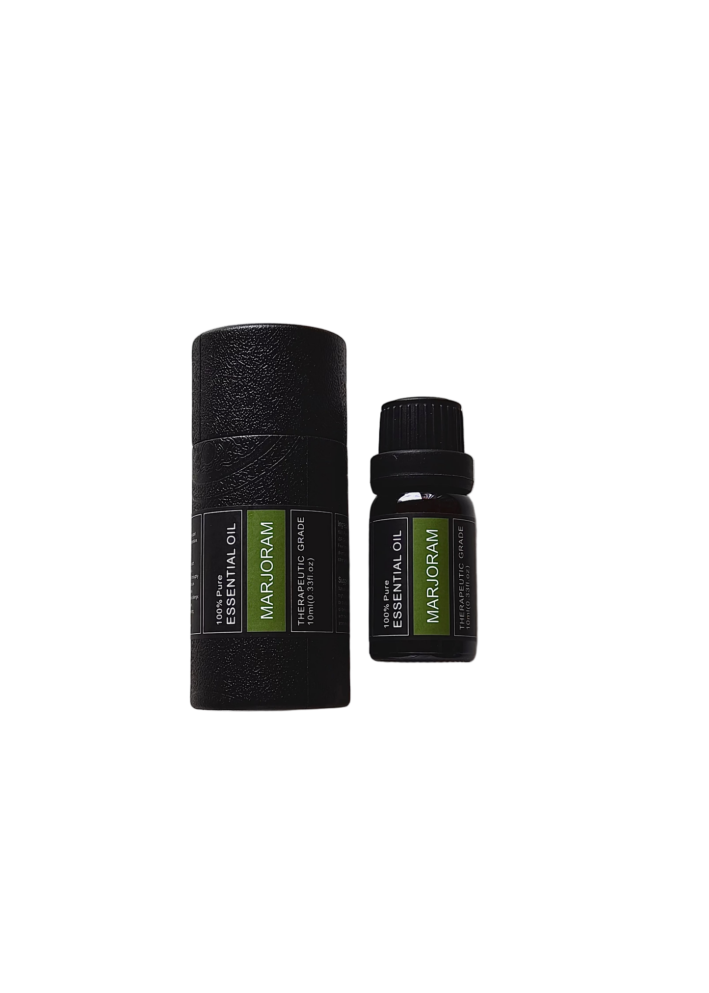‘Marjoram' essential oil bottle and packaging on a transparent background