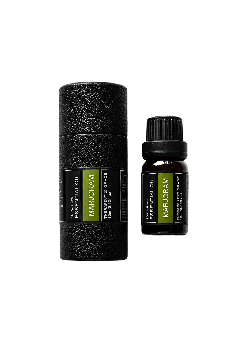 'Marjoram' essential oil bottle and packaging on a transparent background