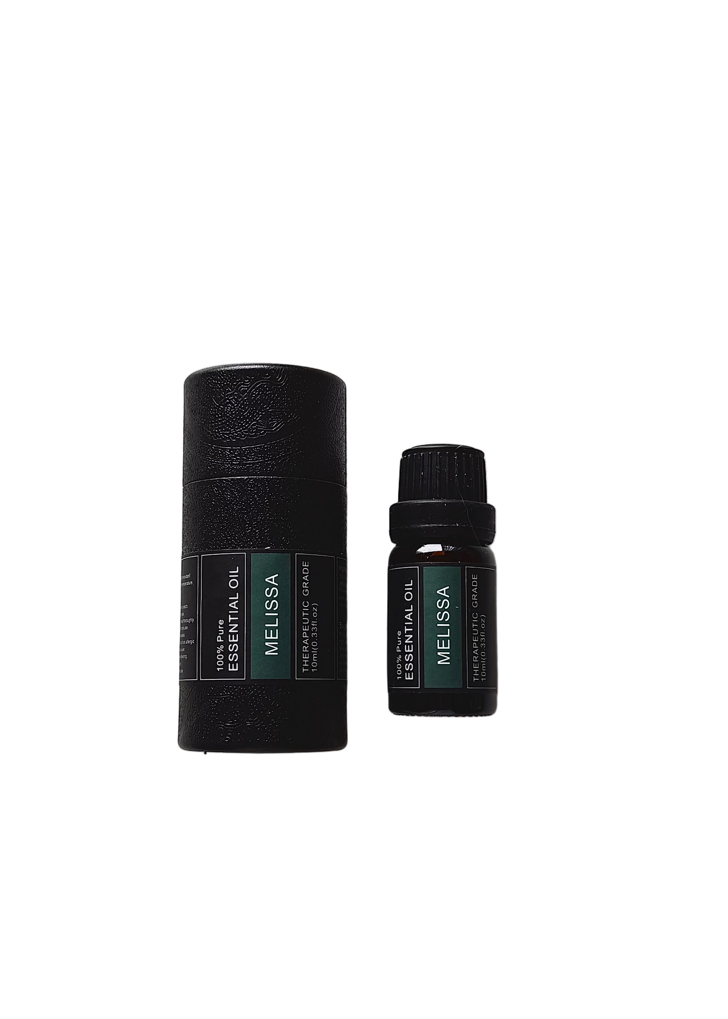'Melissa' essential oil bottle and packaging on a transparent background
