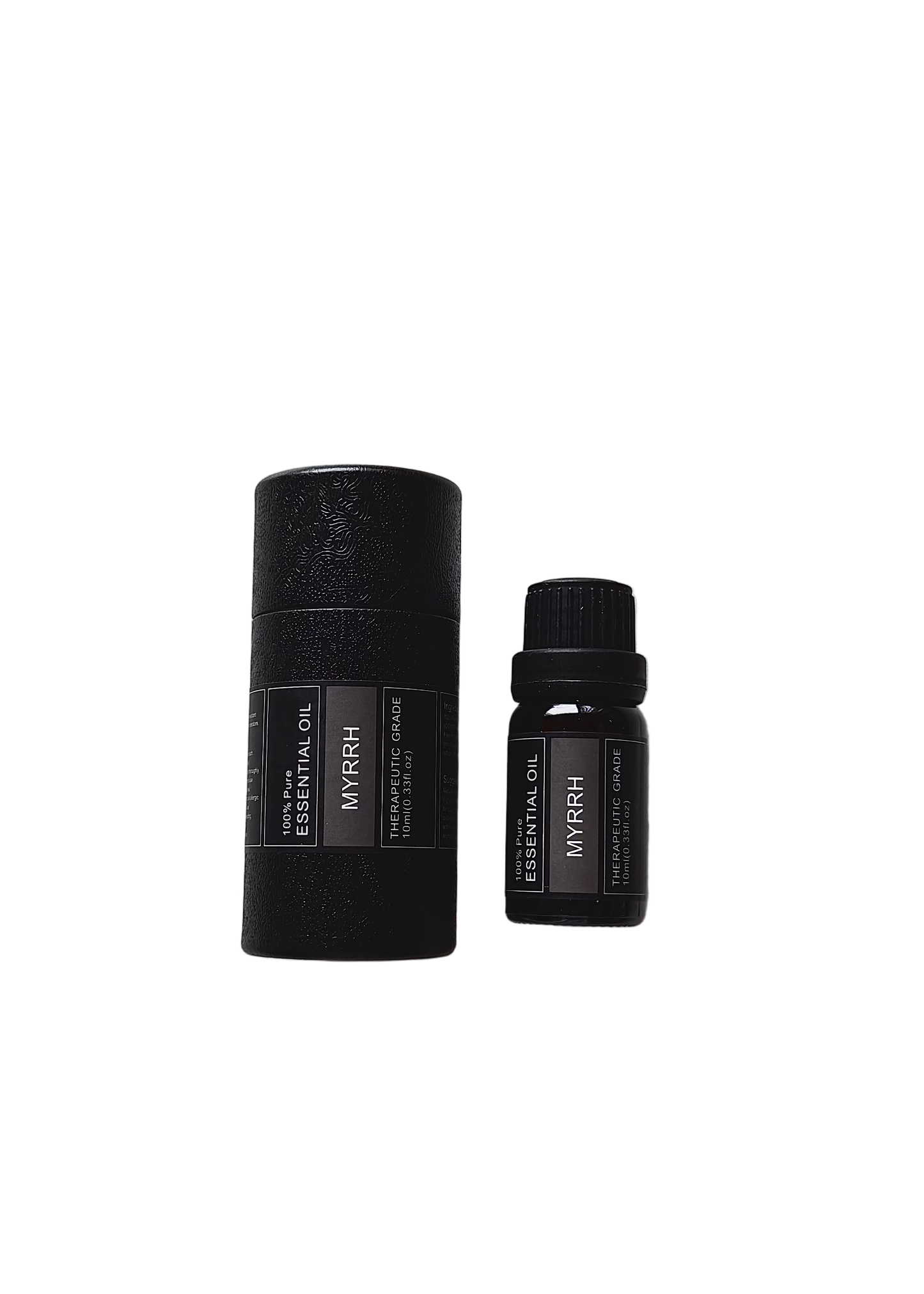 'Myrrh' essential oil bottle and packaging on a transparent background