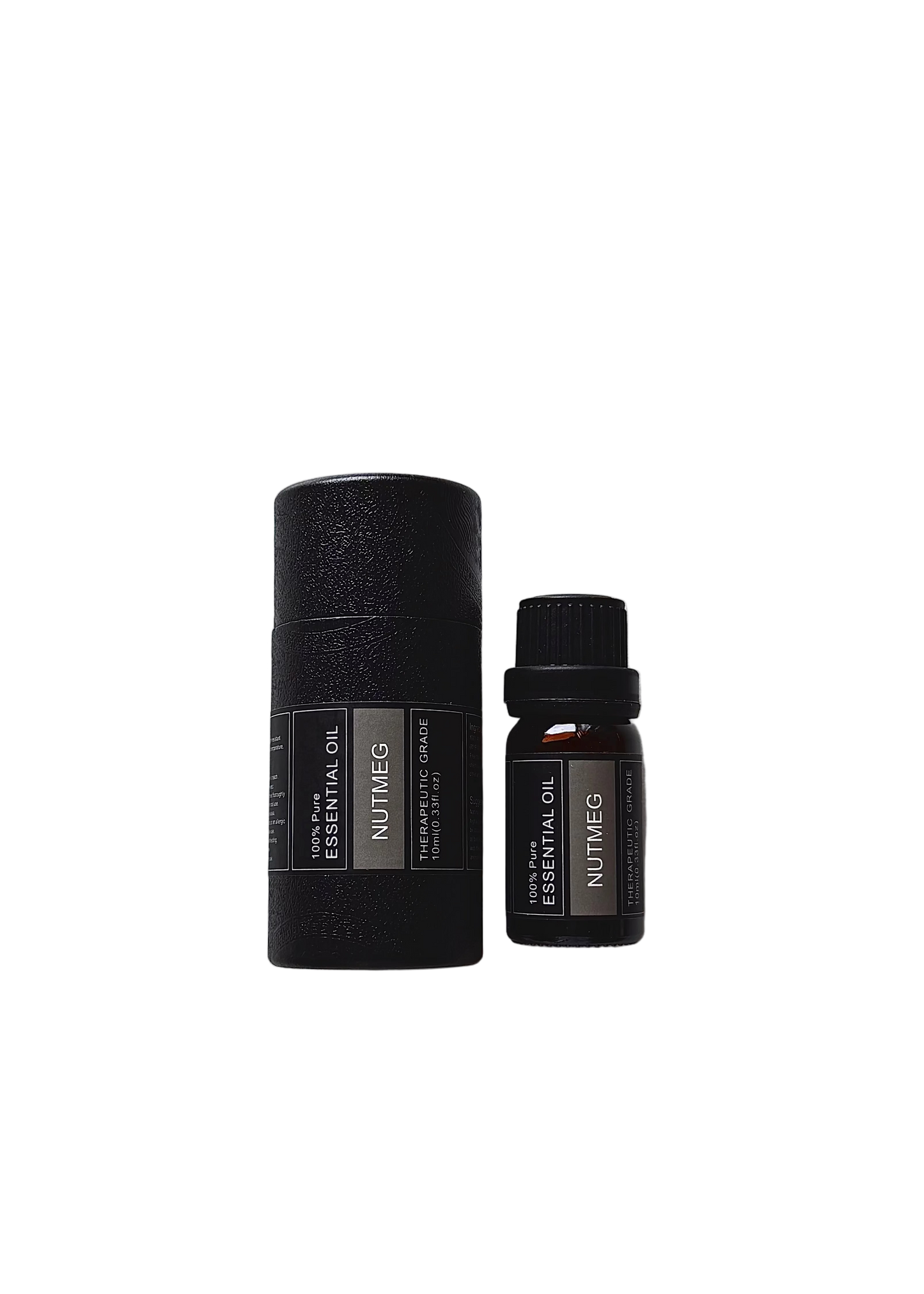 'Nutmeg' essential oil bottle and packaging on a white background
