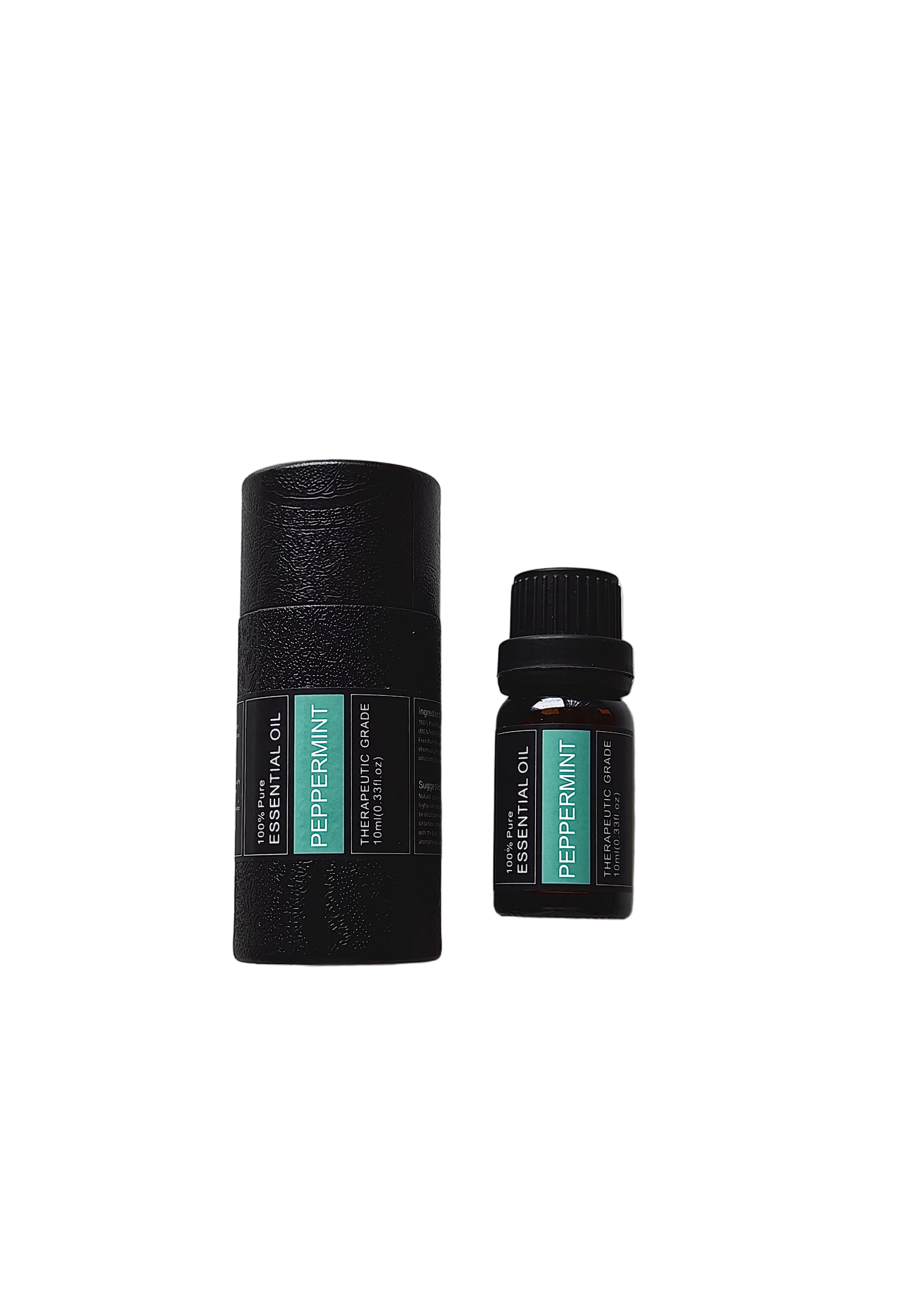 'Peppermint' essential oil bottle and packaging on a white background