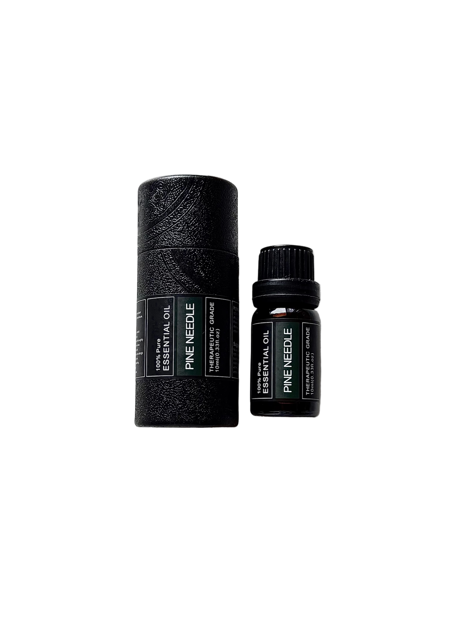 'Pine Needle' essential oil bottle and packaging on a transparent background
