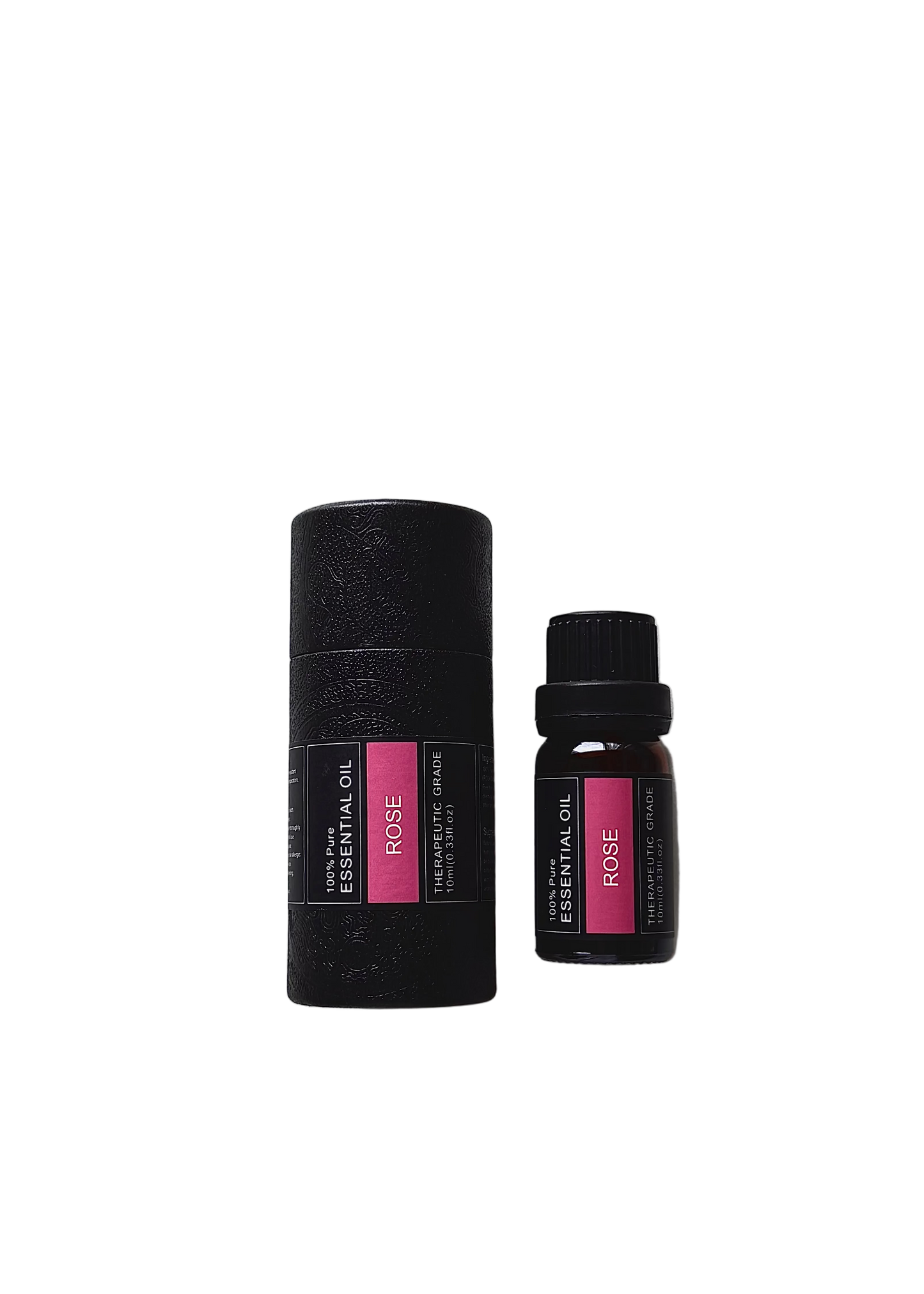 'Rose' essential oil bottle and packaging on a white background