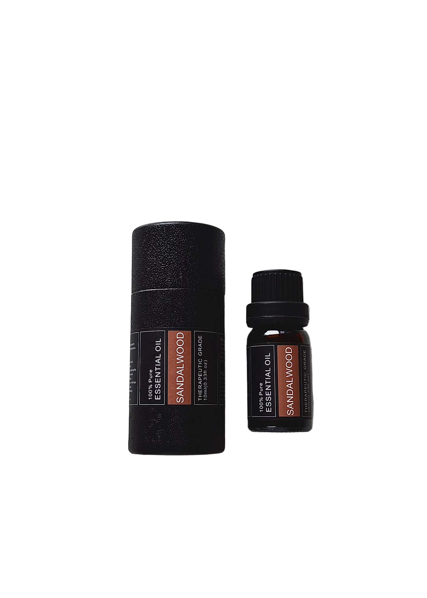 'Sandalwood' essential oil bottle and packaging on a white background