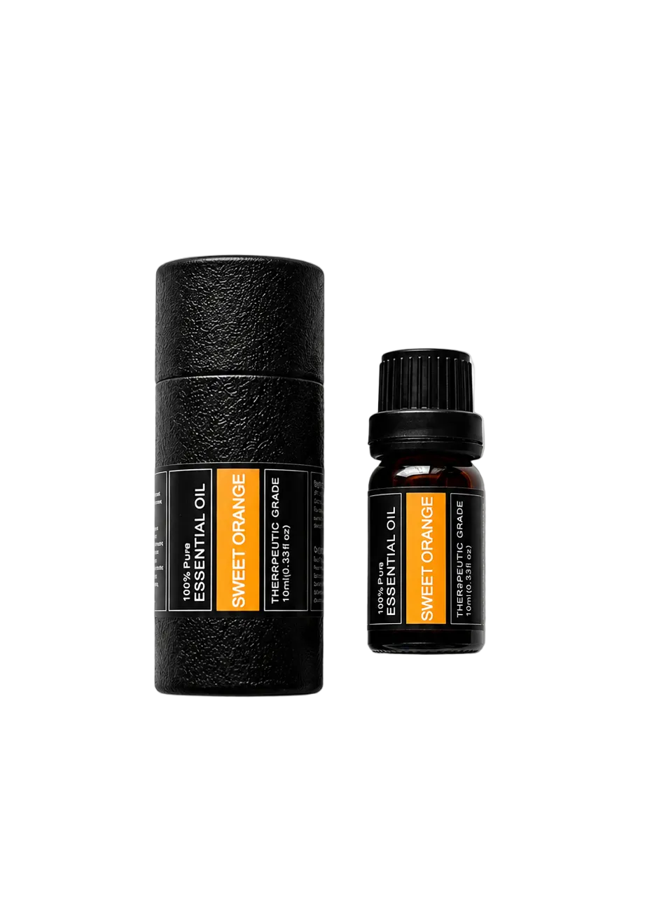 'Sweet Orange' essential oil bottle and packaging on a transparent background