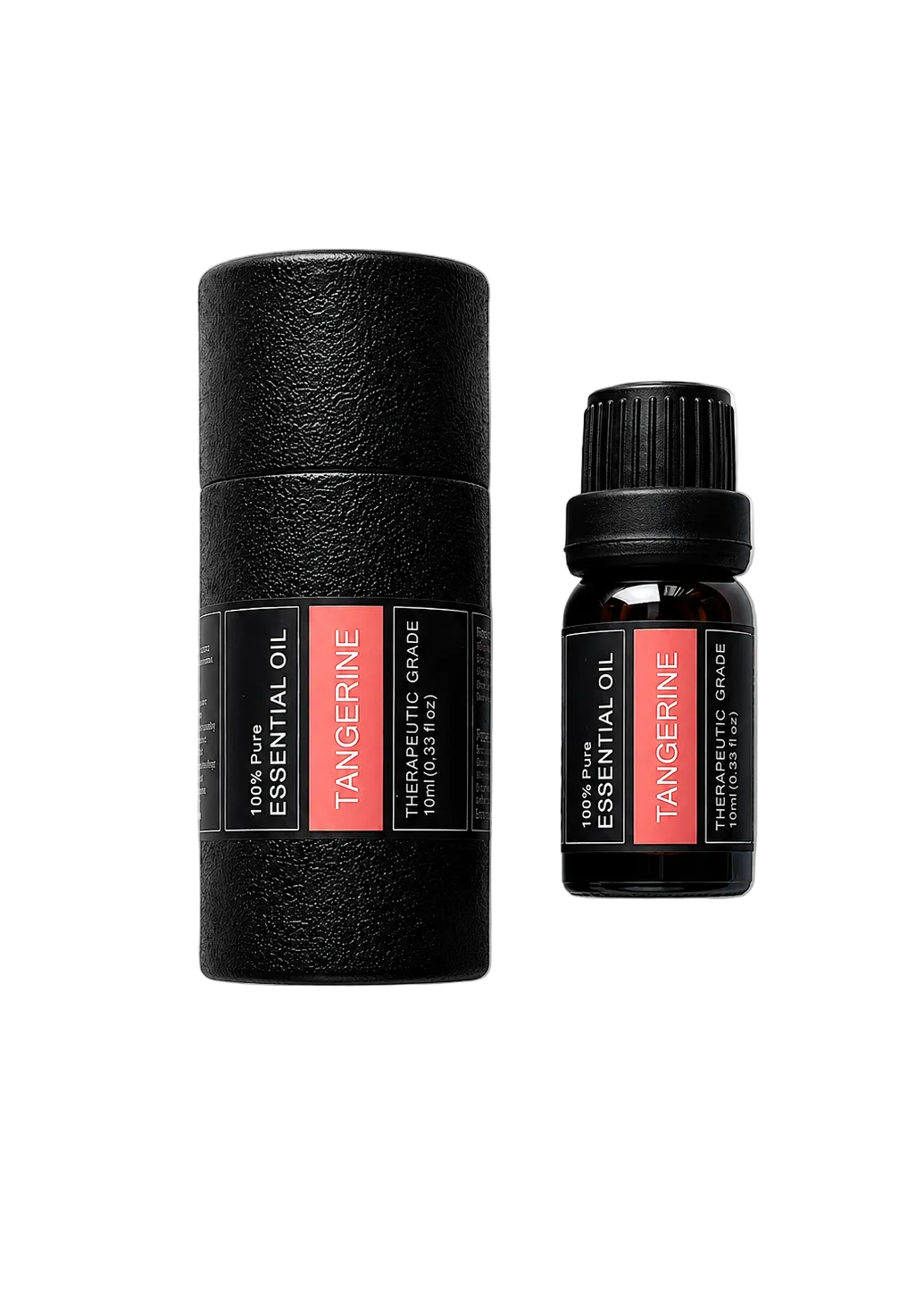 'Tangerine' essential oil bottle and packaging on a transparent background