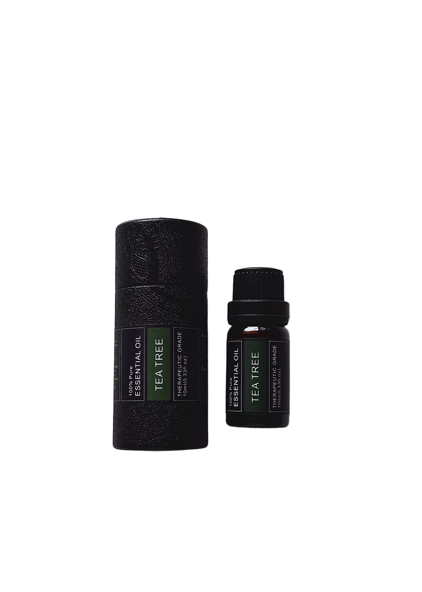 'Tea tree' essential oil bottle and packaging on a transparent background