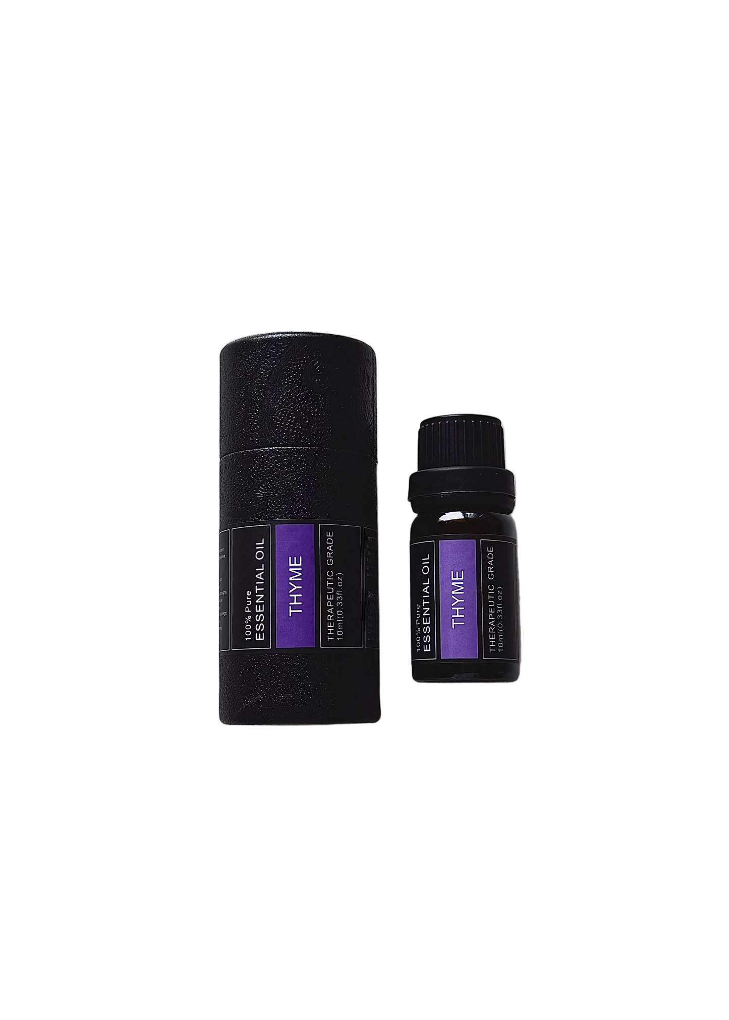 'Thyme' essential oil bottle and packaging on a transparent background