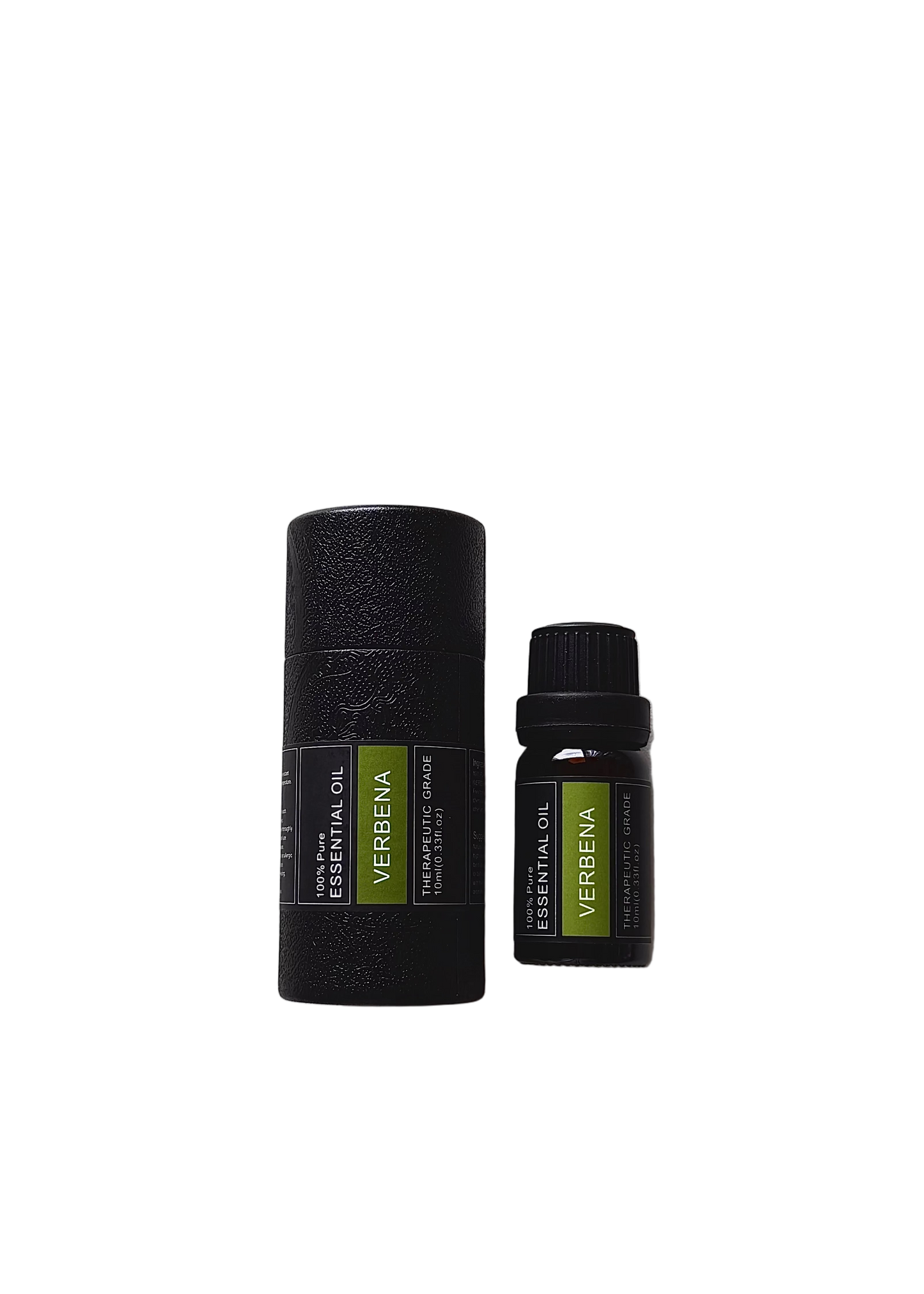 'Verbena' essential oil bottle and packaging on a transparent background