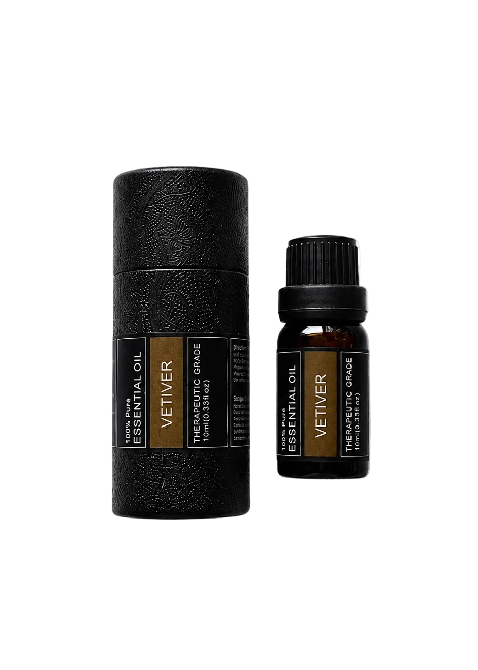 'Vetiver' essential oil bottle and packaging on a transparent background