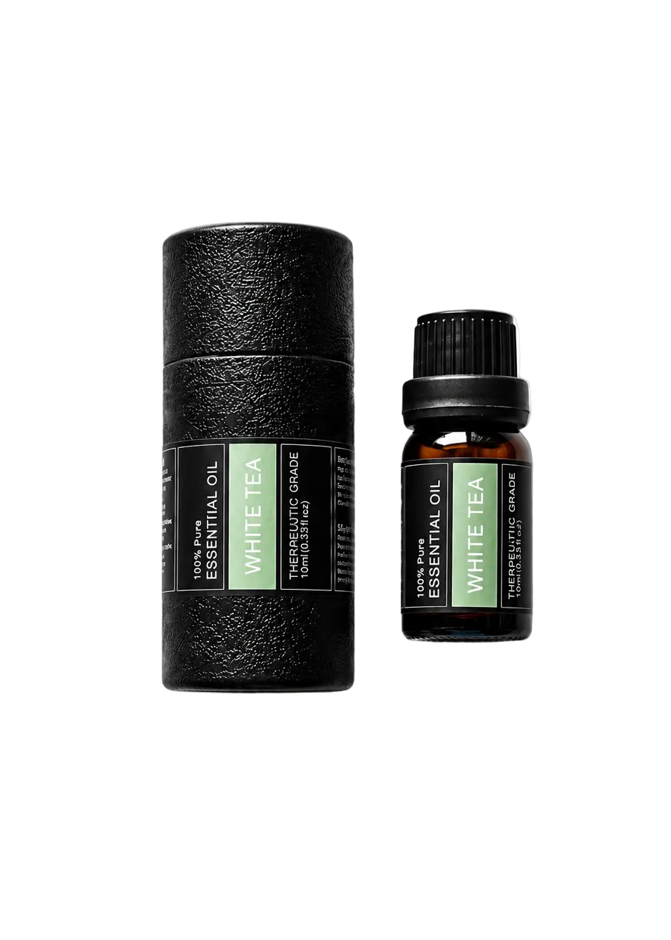 'White Tea' essential oil bottle and packaging on a transparent background