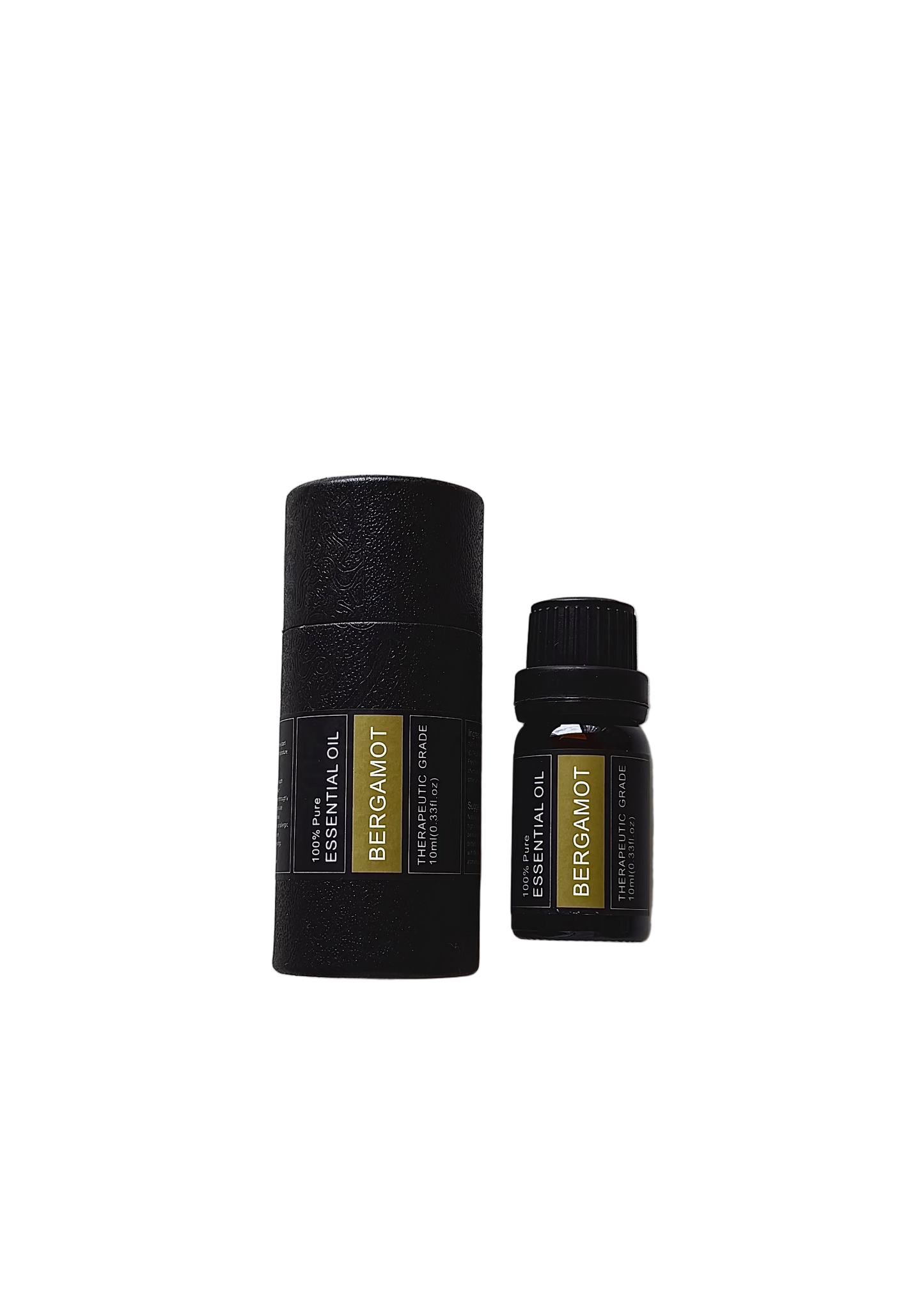 'Bergamot' essential oil bottle and packaging on a transparent background