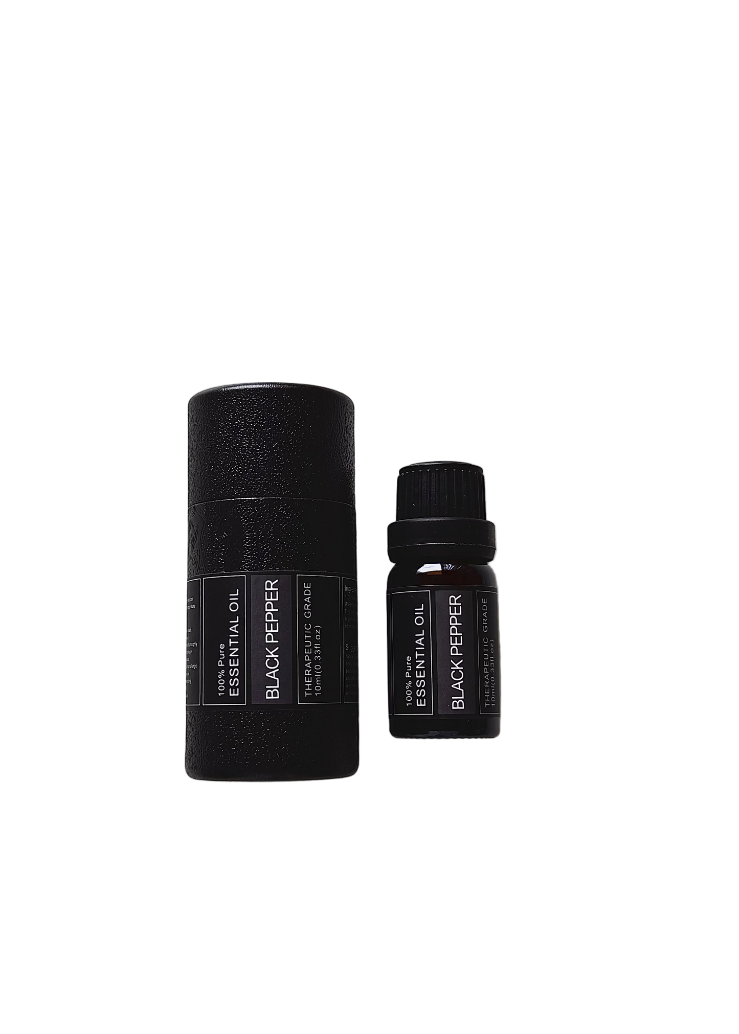 'Black Pepper' essential oil bottle and packaging on a transparent background