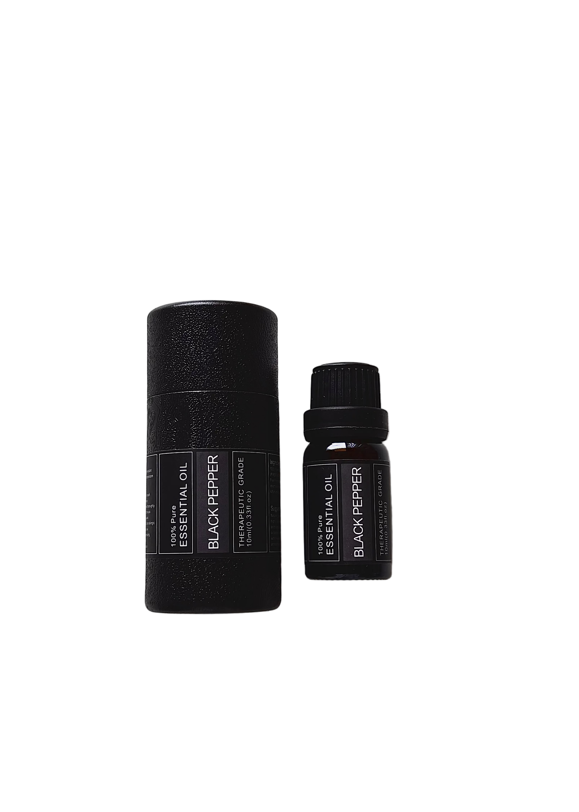 'Black Pepper' essential oil bottle and packaging on a transparent background