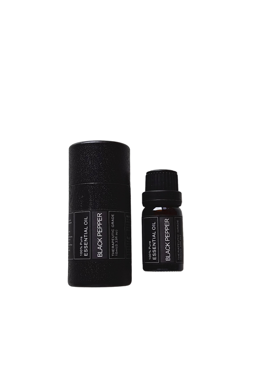 'Black Pepper' essential oil bottle and packaging on a transparent background
