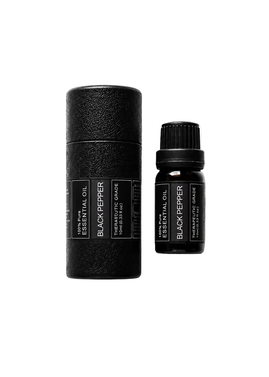 'Black Pepper' essential oil bottle and packaging on a transparent background