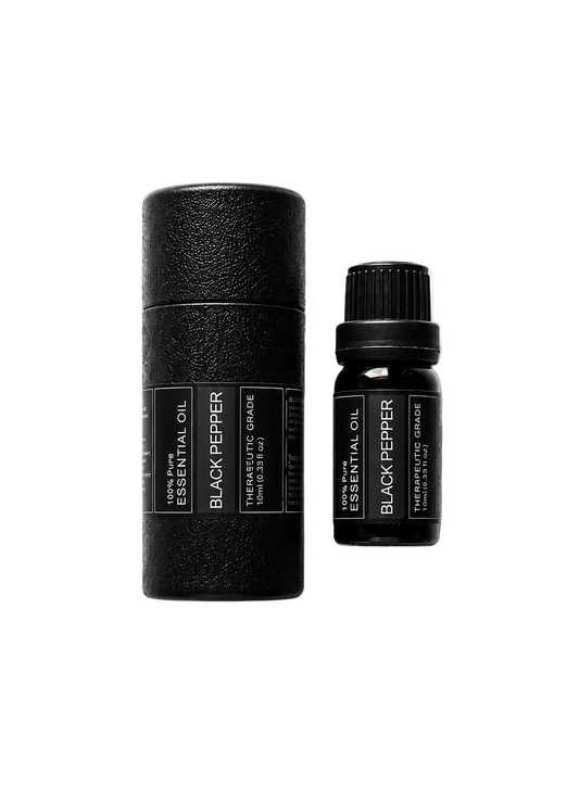 'Black Pepper' essential oil bottle and packaging on a transparent background