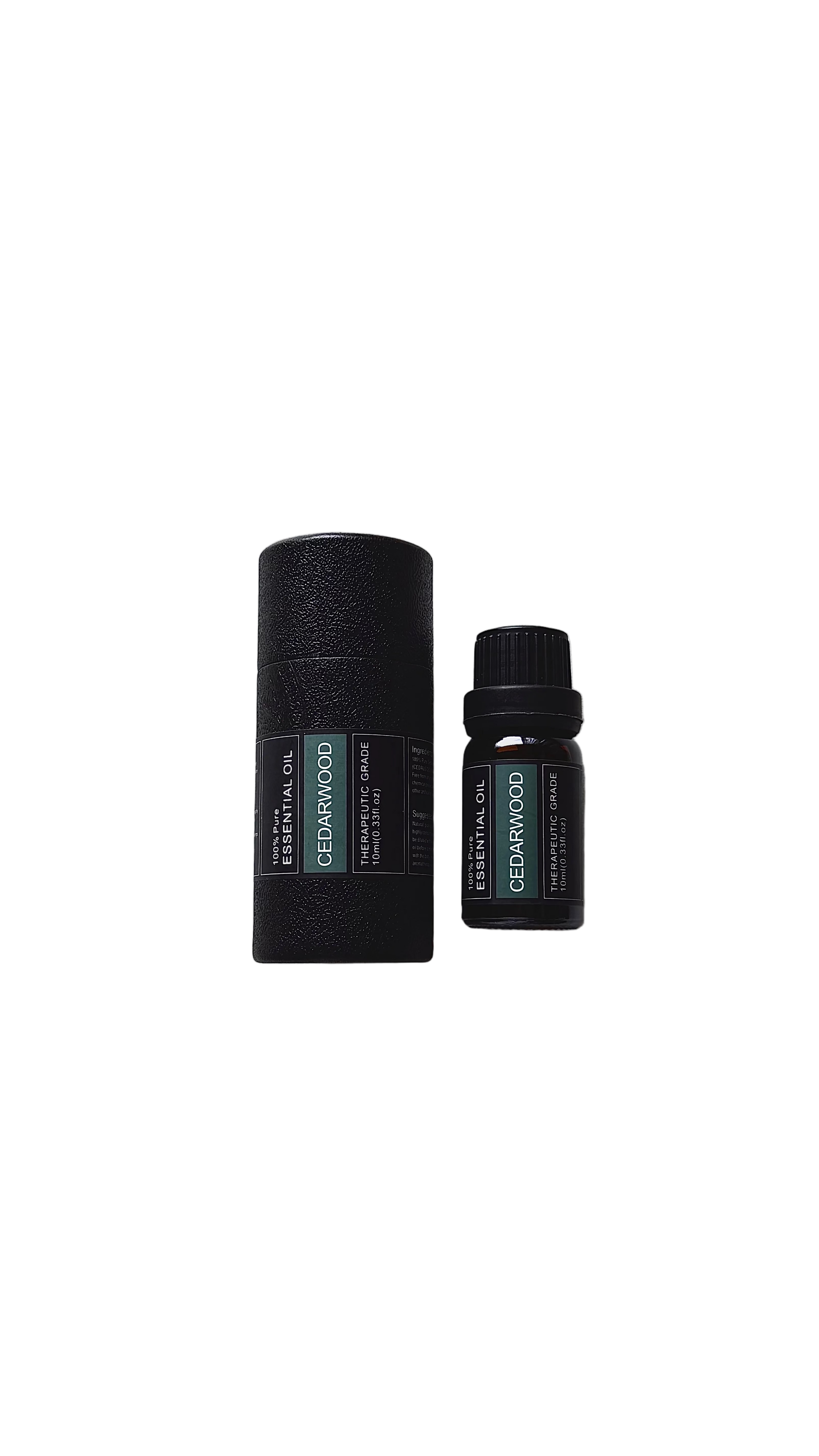 'Cedarwood' essential oil bottle and packaging on a transparent background