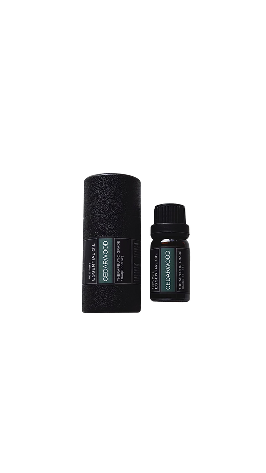 'Cedarwood' essential oil bottle and packaging on a transparent background