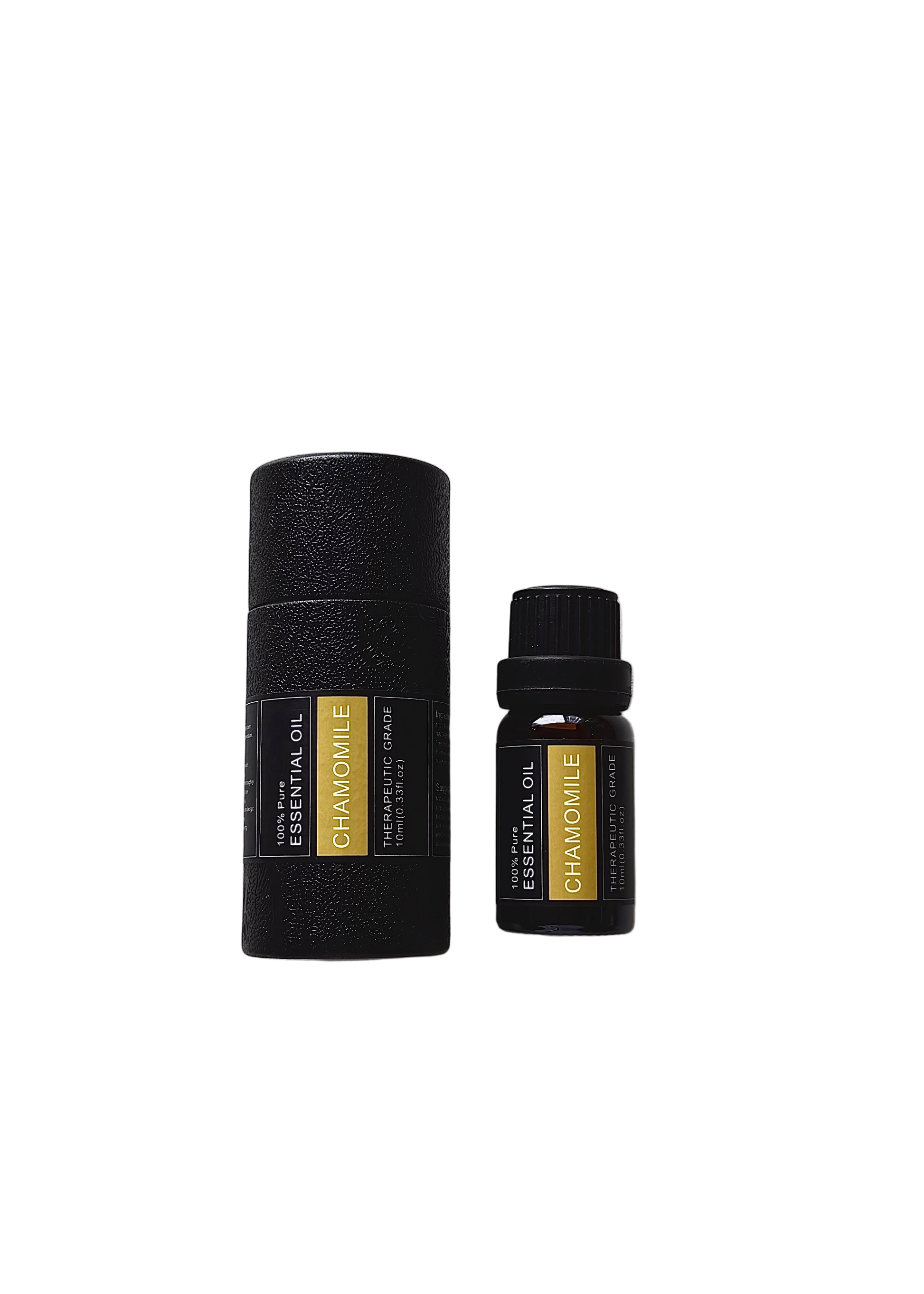 'Chamomile' essential oil bottle and packaging on a transparent background