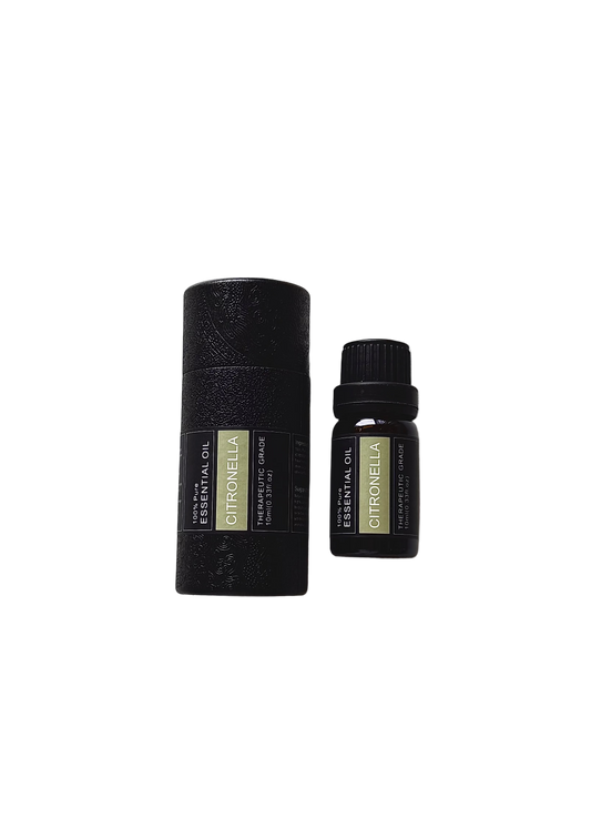 'Citronella' essential oil bottle and packaging on a transparent background
