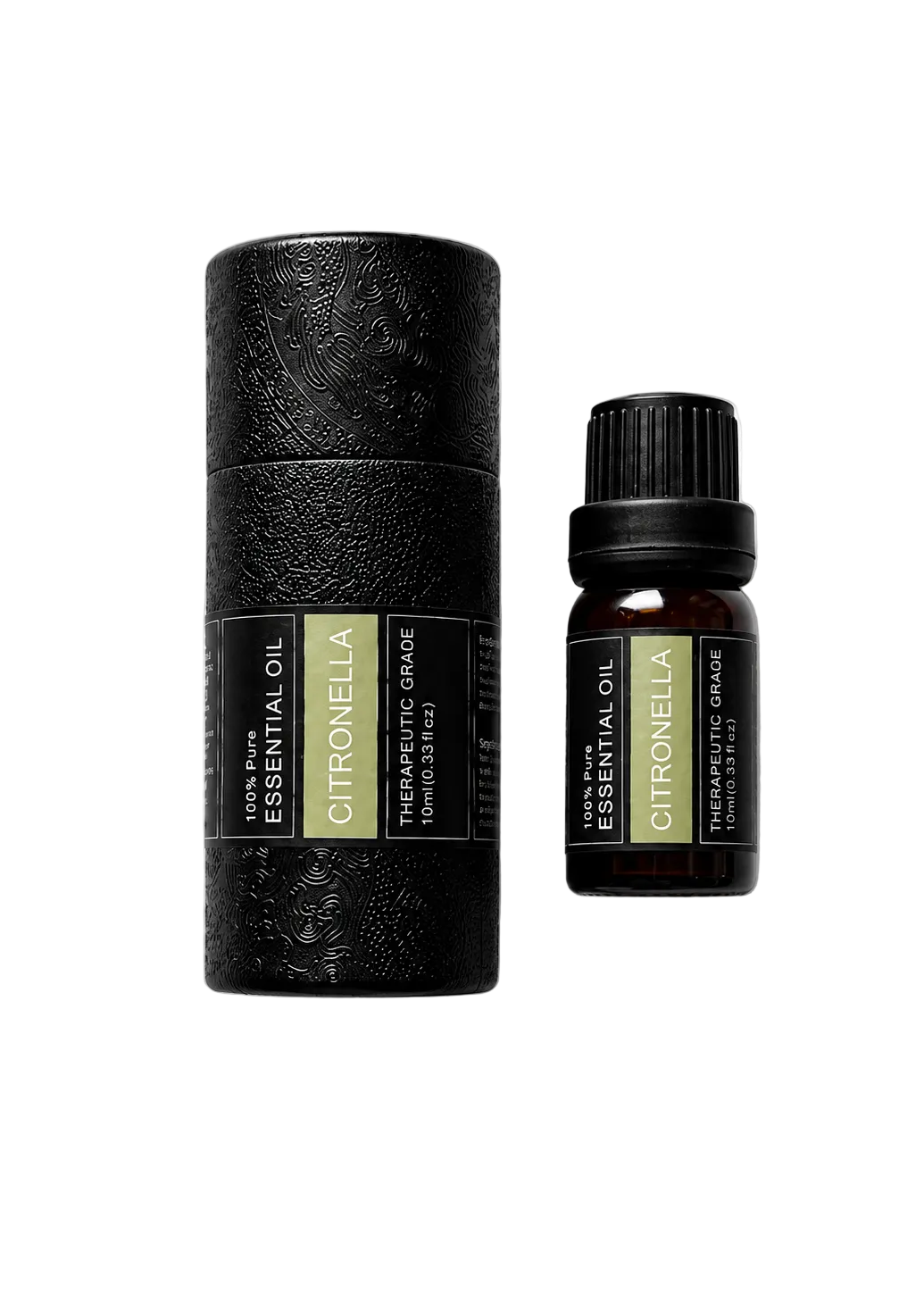 'Citronella' essential oil bottle and packaging on a transparent background