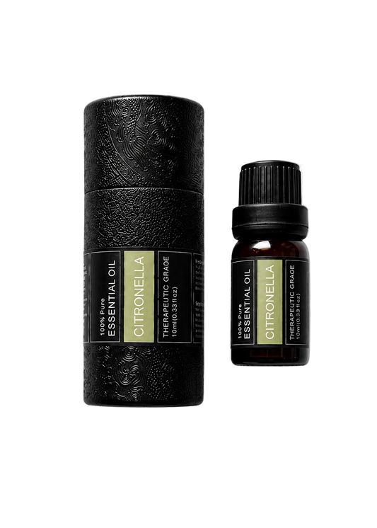 'Citronella' essential oil bottle and packaging on a transparent background