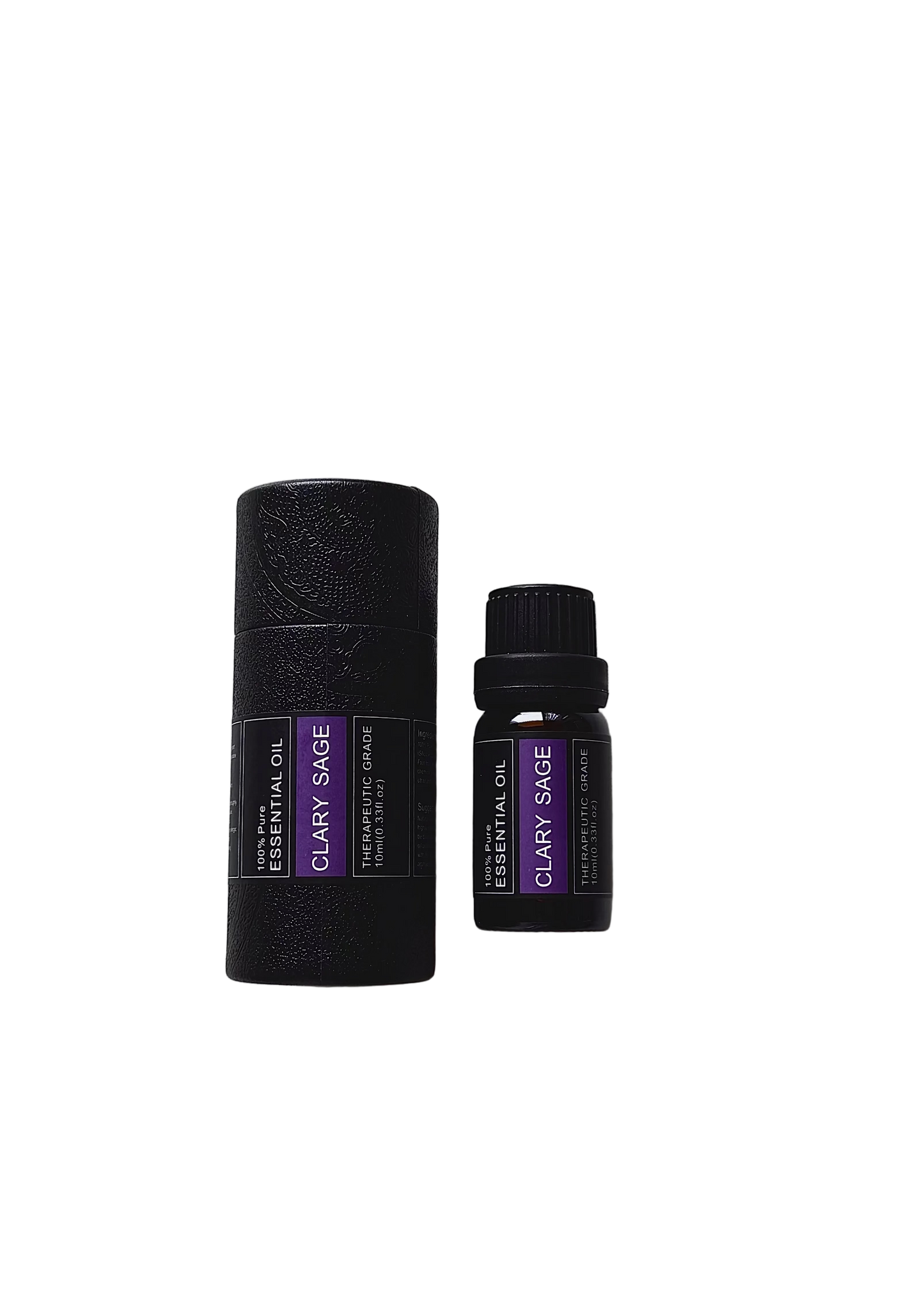 'Clary Sage' essential oil bottle and packaging on a transparent background