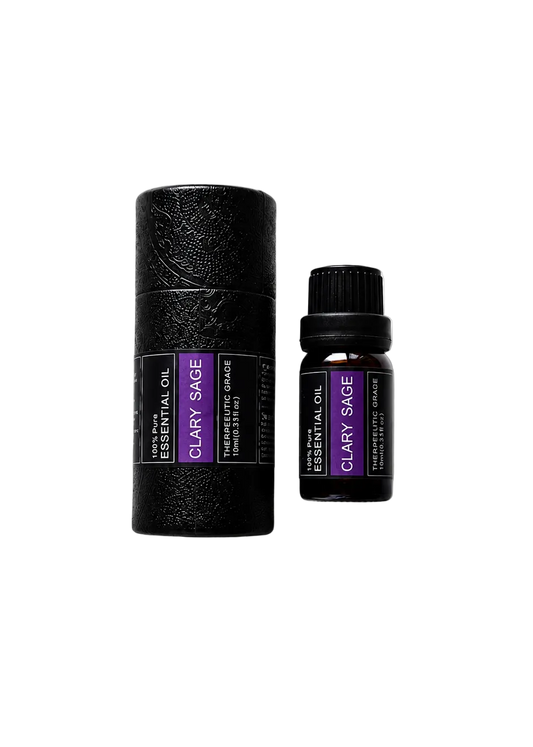 'Clary Sage' essential oil bottle and packaging on a transparent background