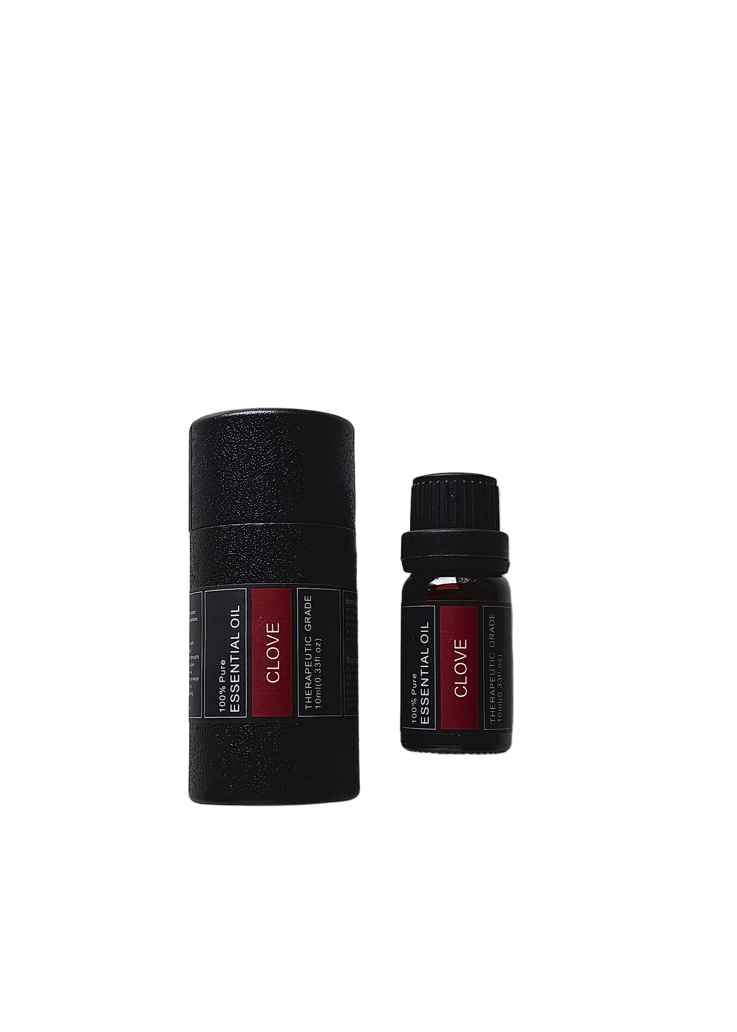 'Clove' essential oil bottle and packaging on a transparent background