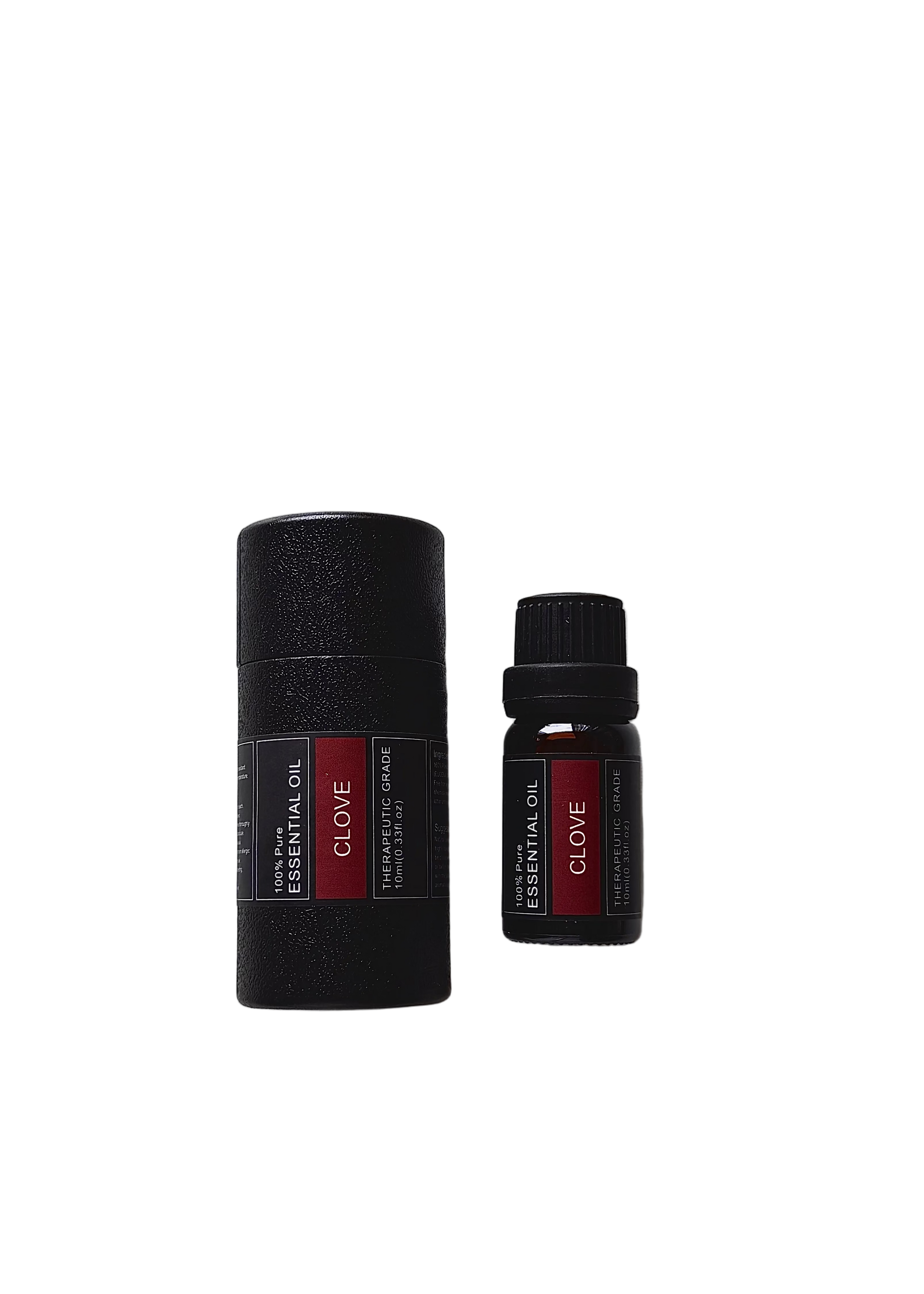 'Clove' essential oil bottle and packaging on a transparent background