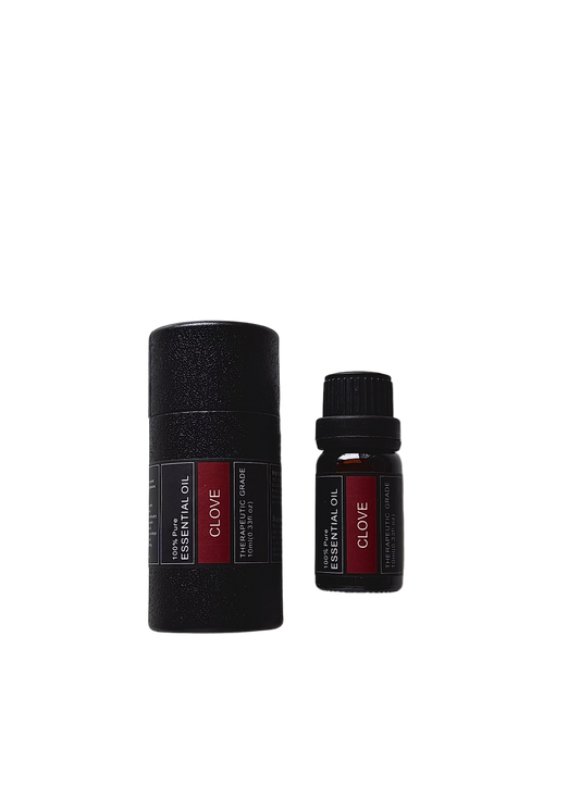 'Clove' essential oil bottle and packaging on a transparent background
