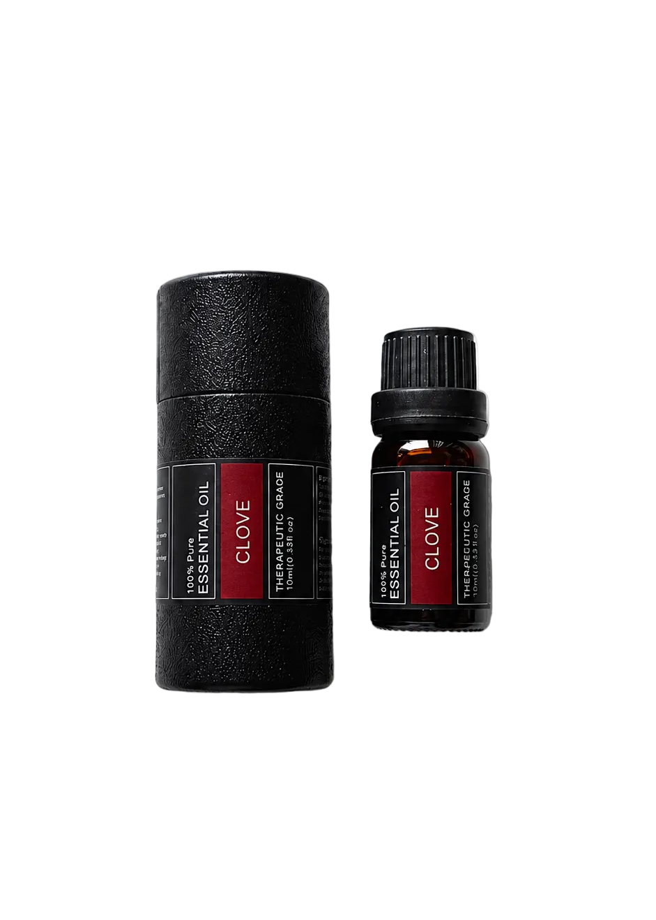 'Clove' essential oil bottle and packaging on a transparent background