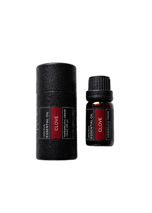 'Clove' essential oil bottle and packaging on a transparent background