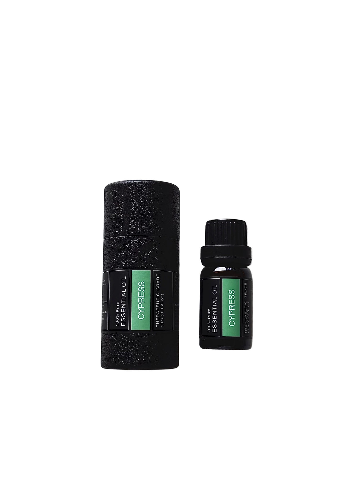 'Cypress' essential oil bottle and packaging on a white background
