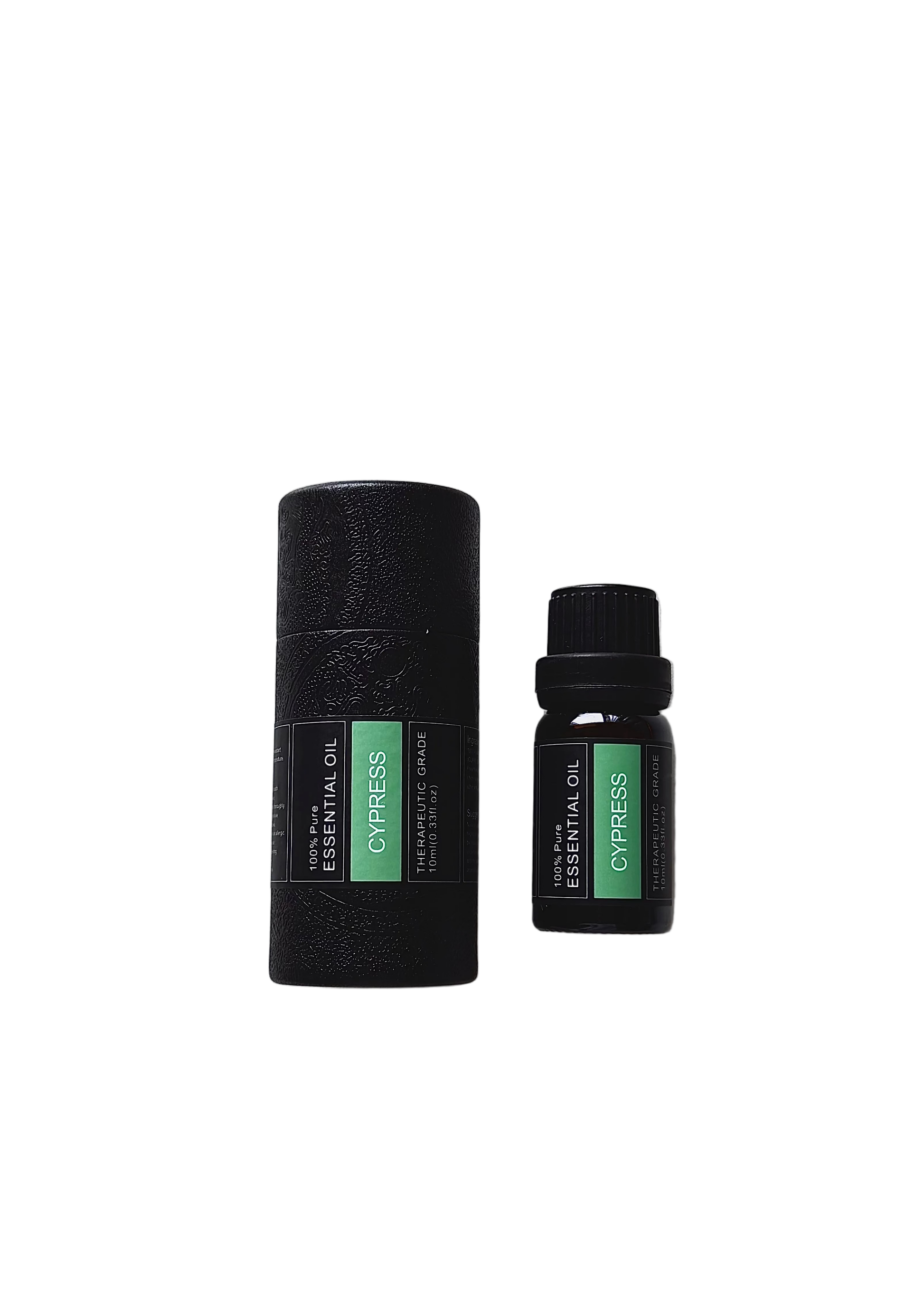 'Cypress' essential oil bottle and packaging on a white background