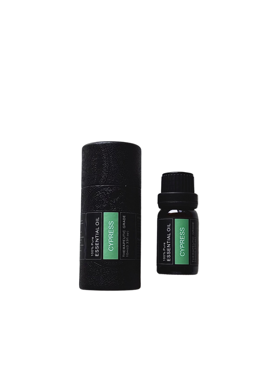 'Cypress' essential oil bottle and packaging on a white background