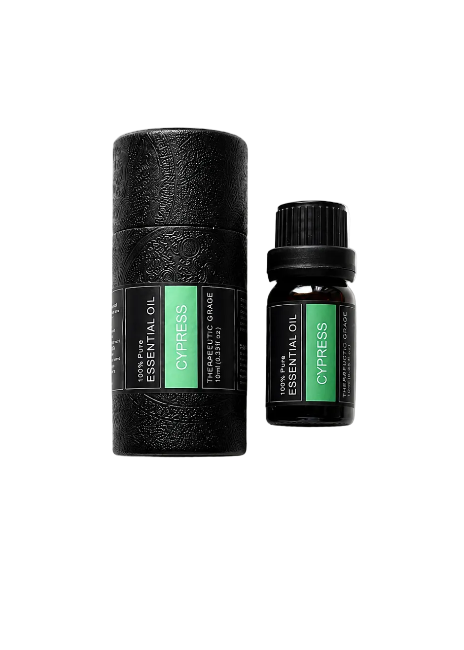 Two essential oil bottles labeled 'Cypress' on a transparent background